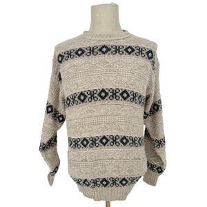 Vintage 1990s Cape Isle Knitters Fair Isle Sweater Neutral Argyle Pattern